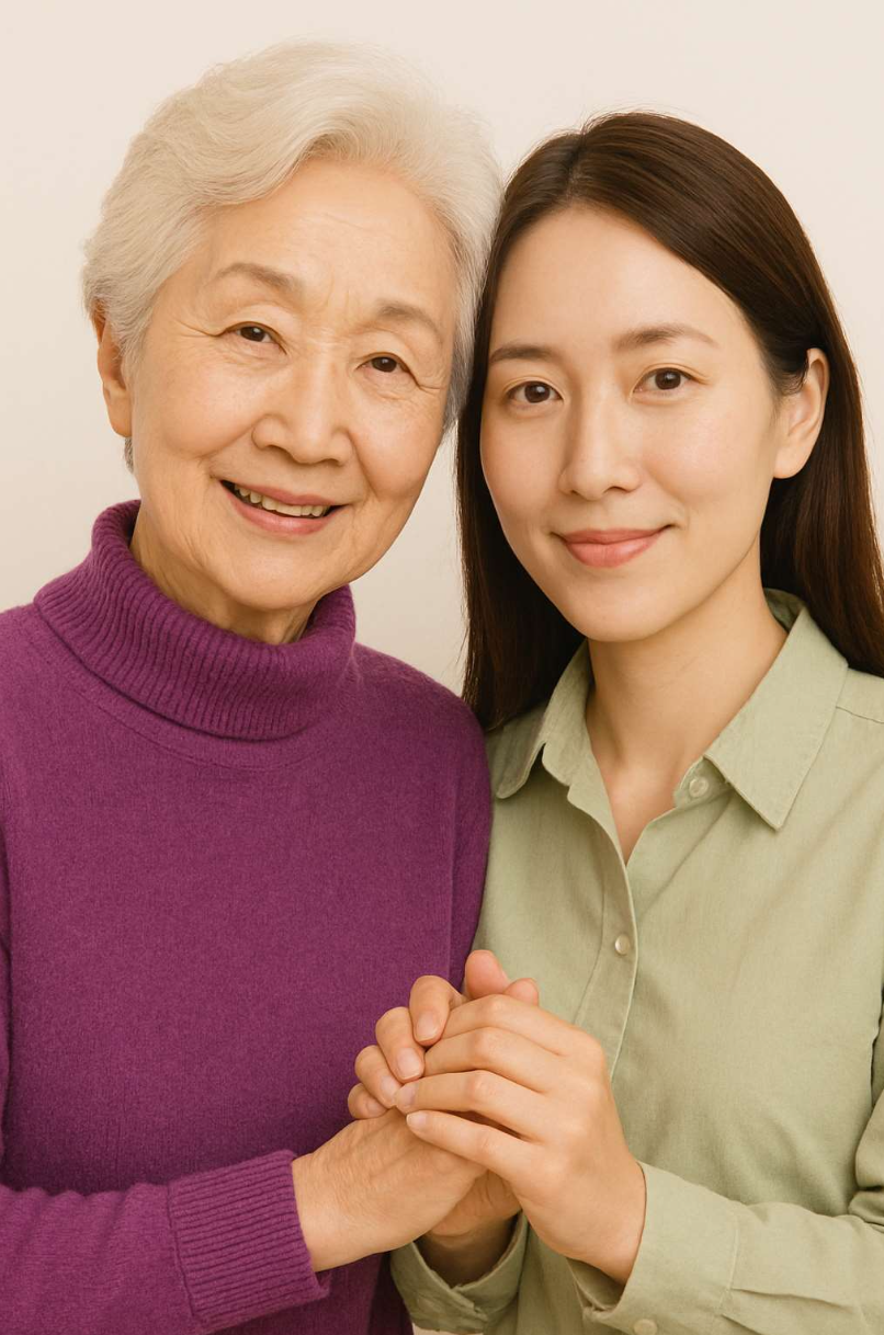 Smiling elderly woman and a younger woman holding hands